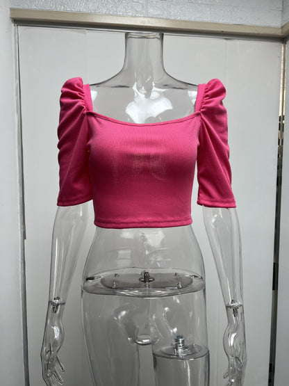 Sexy Square Neckline Short Sleeves Midriff Baring Tops