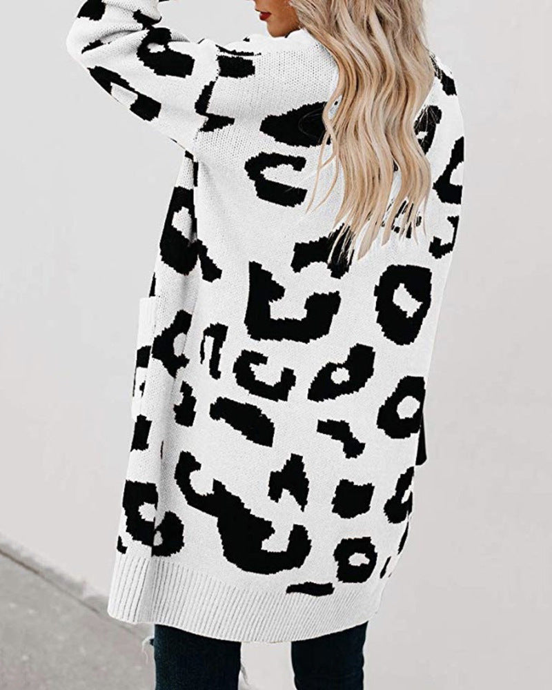 Women Leopard Design Pockets Knitting Cardigans