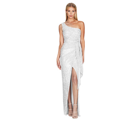 Sexy One Shoulder Sequined Evening Party Dresses
