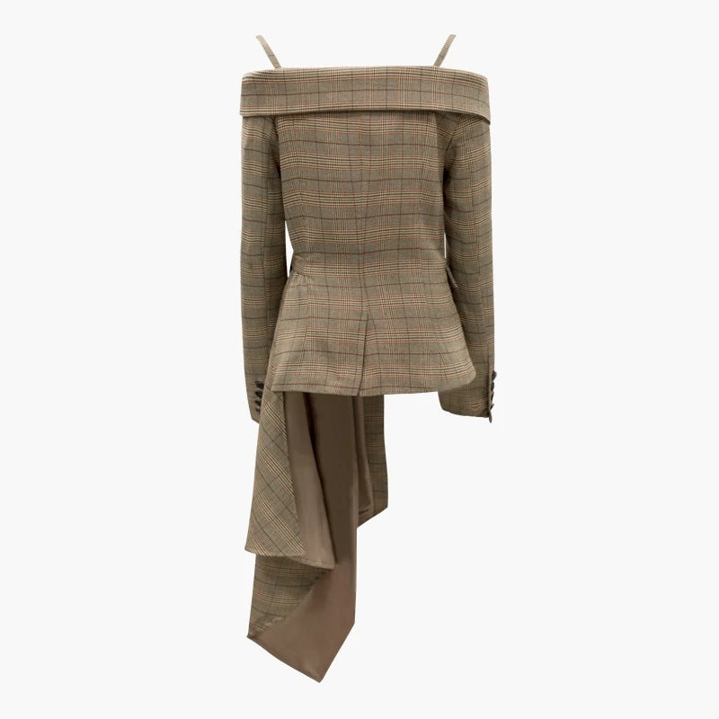 Luxury Off The Shoulder Plaid Irregular Blazer Overcoat