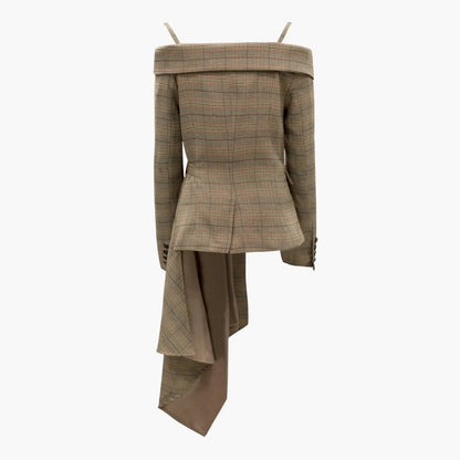 Luxury Off The Shoulder Plaid Irregular Blazer Overcoat