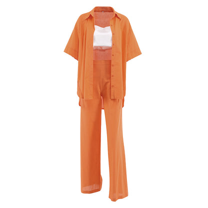 Summer Short Sleeves Orange Shirts and Wide Leg Pants Two Pieces Suits