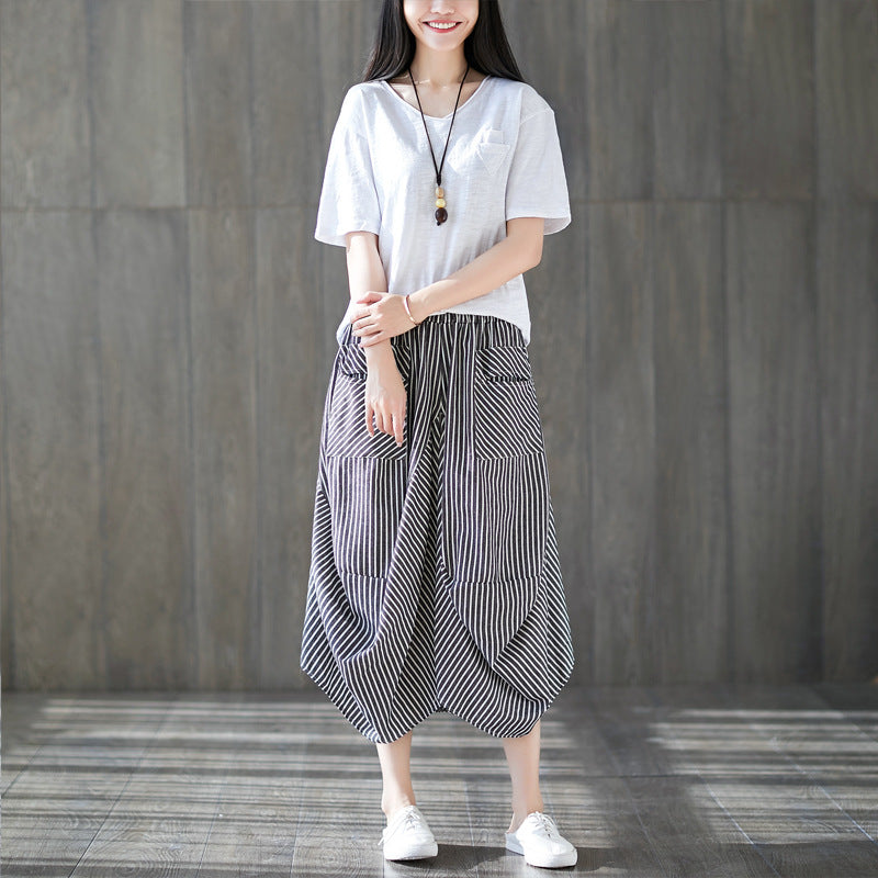 Summer Striped Elastic Waist Lantern Pants