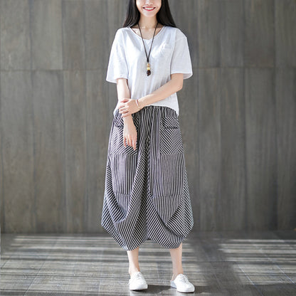 Summer Striped Elastic Waist Lantern Pants