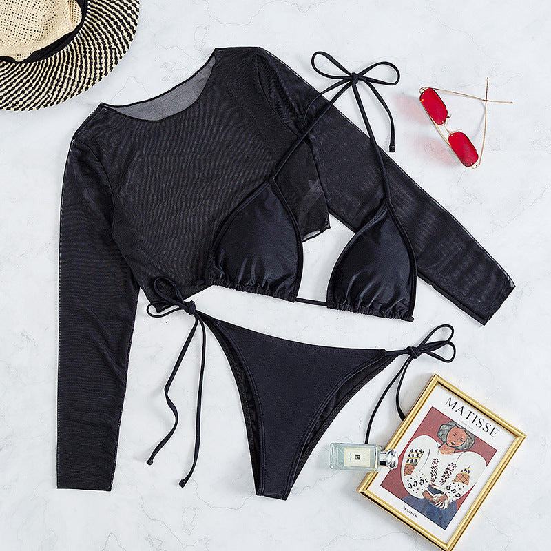 Sexy Long Sleeves Leopard Three Pieces Women Bikinis Swimwear