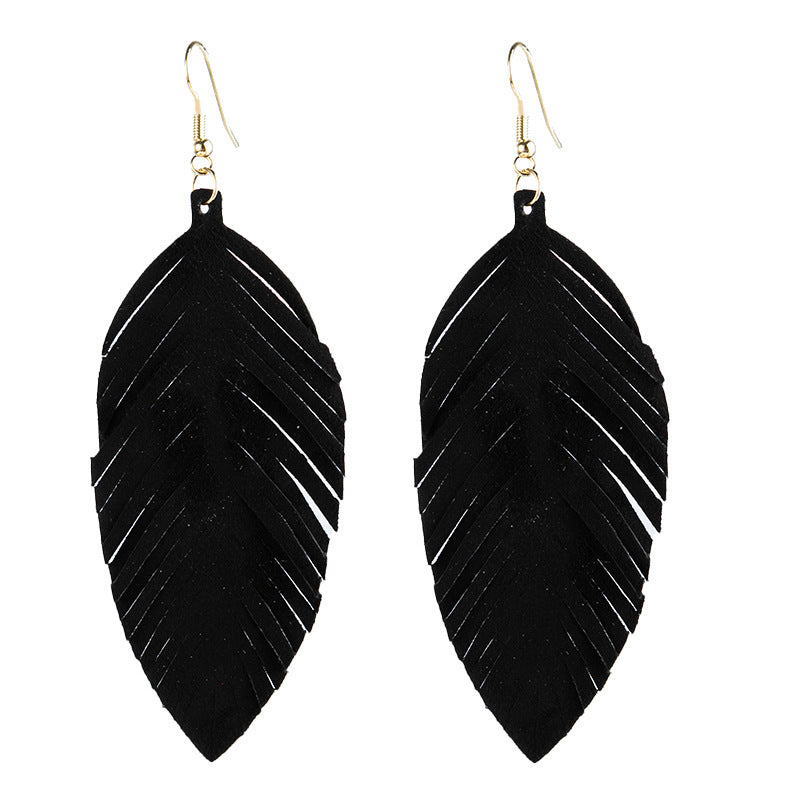 Leaves Designed Tassels Pu Leather Women Earrings
