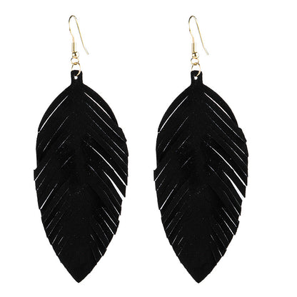 Leaves Designed Tassels Pu Leather Women Earrings