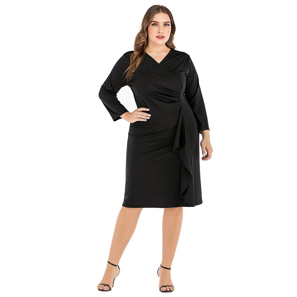 Black Long Sleeves V Neck Plus Sizes Fall Dresses-STYLEGOING