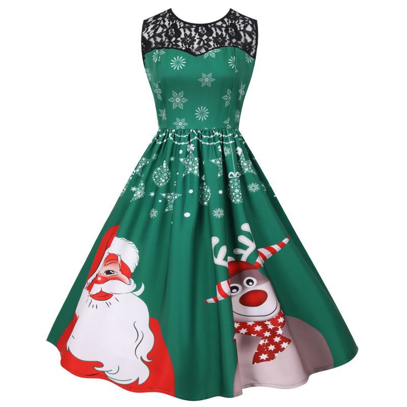 Merry Christmas Fashion Women Lace Sleeves Dresses