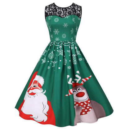 Merry Christmas Fashion Women Lace Sleeves Dresses