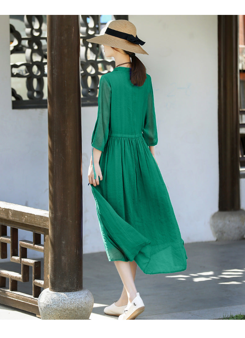 Casual Linen Half Sleeves Drawstring Long Cozy Dresses