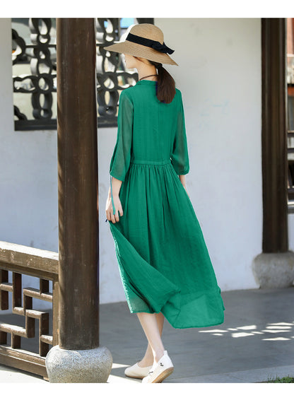 Casual Linen Half Sleeves Drawstring Long Cozy Dresses