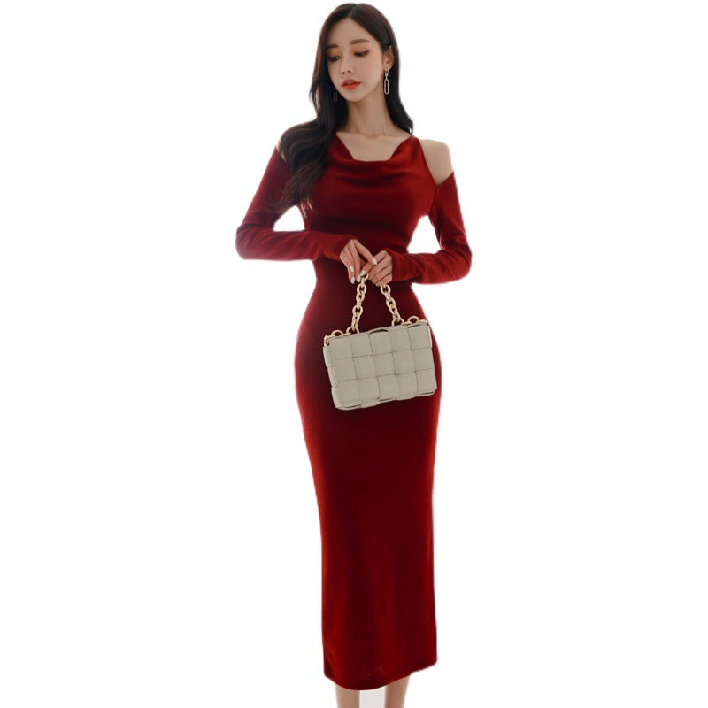Classy Off The Shoulder Knitted Wine Red Party Dresses