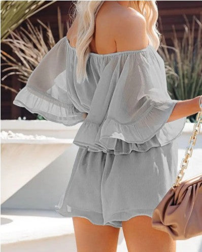Summer Chiffon Off The Shoulder Tops & Pants Suits