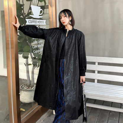 Designed Stand Collar Black Lighted Long Outerwear