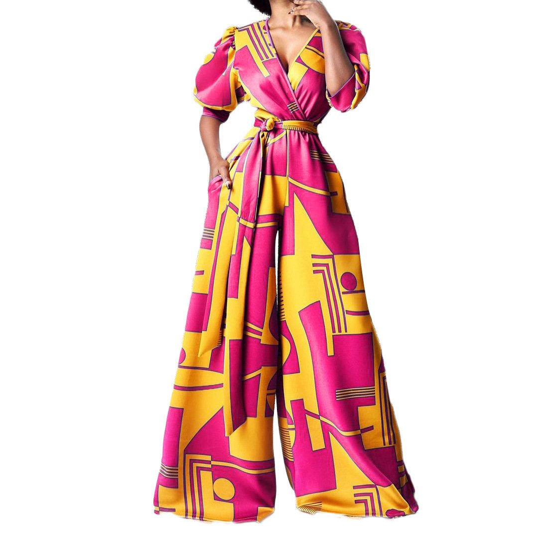 Women High Waist Print Jumpsuits-STYLEGOING