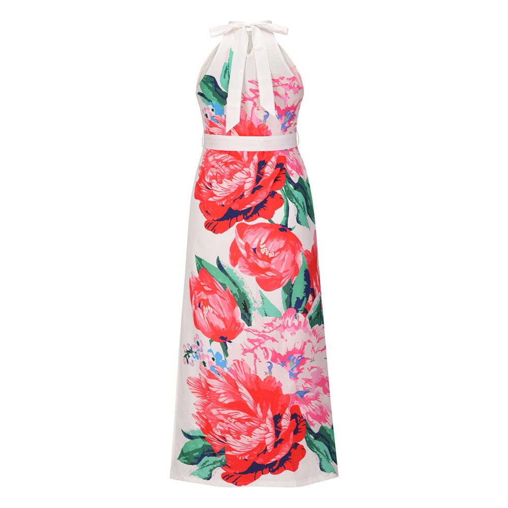 Summer Sleeveless Halter Rose Print Long Maxi Dresses