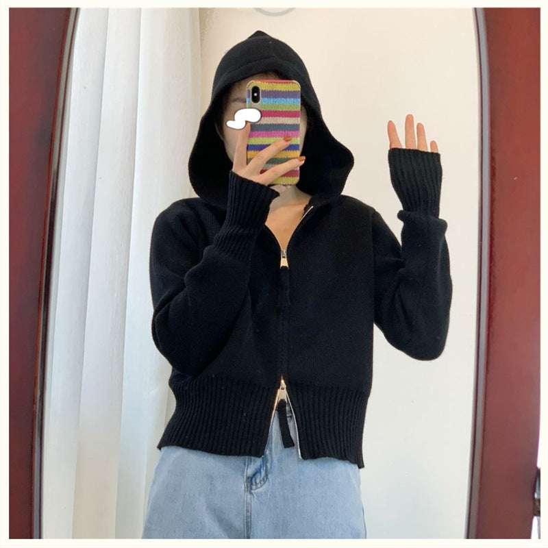 Casual Double Zipper Knitting Hoodies Sweaters