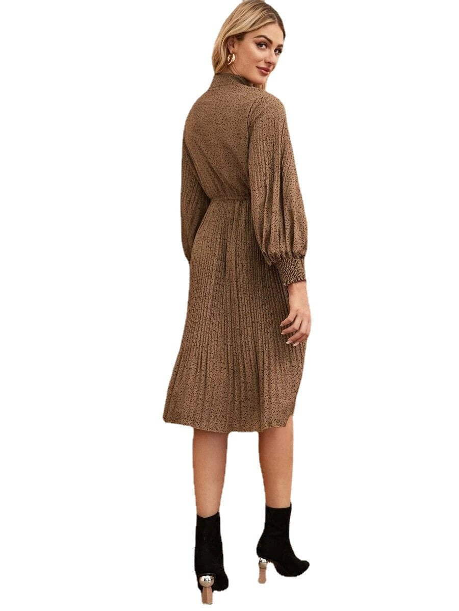 Casual Brown Dot Print Elegant Holiday Long Sleeves Dresses