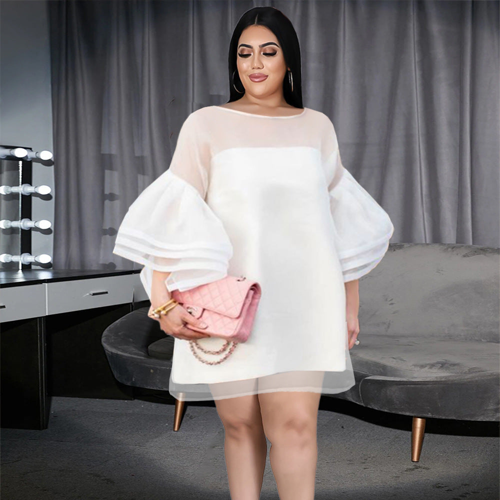 Sweety Tulle See Through Trumpet Sleeves Short White Plus Sizes Dresses