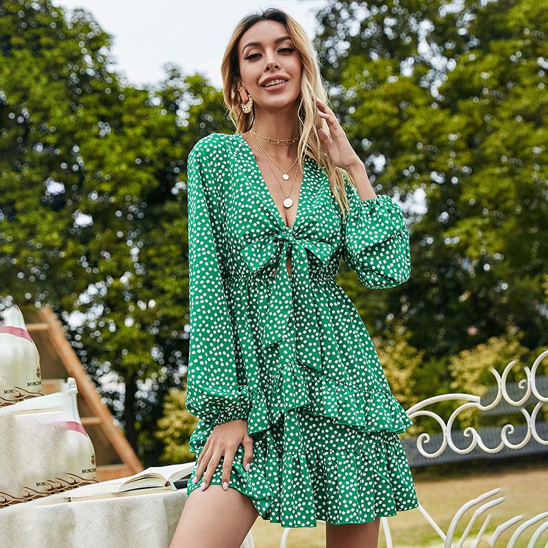 Women V Neck A Line High Waist Polk Dot Dresses-STYLEGOING
