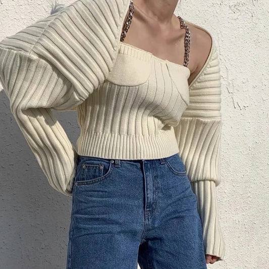 Autumn Women Knitted Straps&sweater Sets