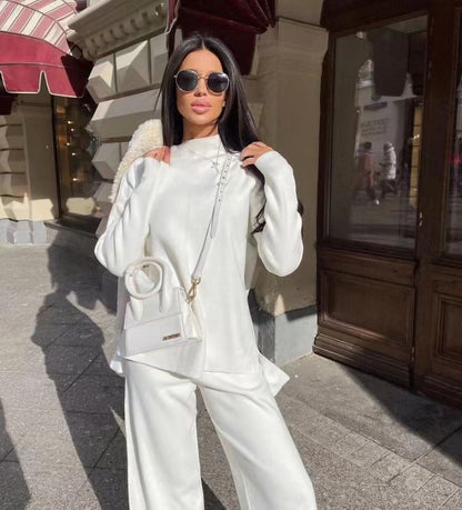 Winter Long Sleeves Knitted Tops and Wide Leg Pants