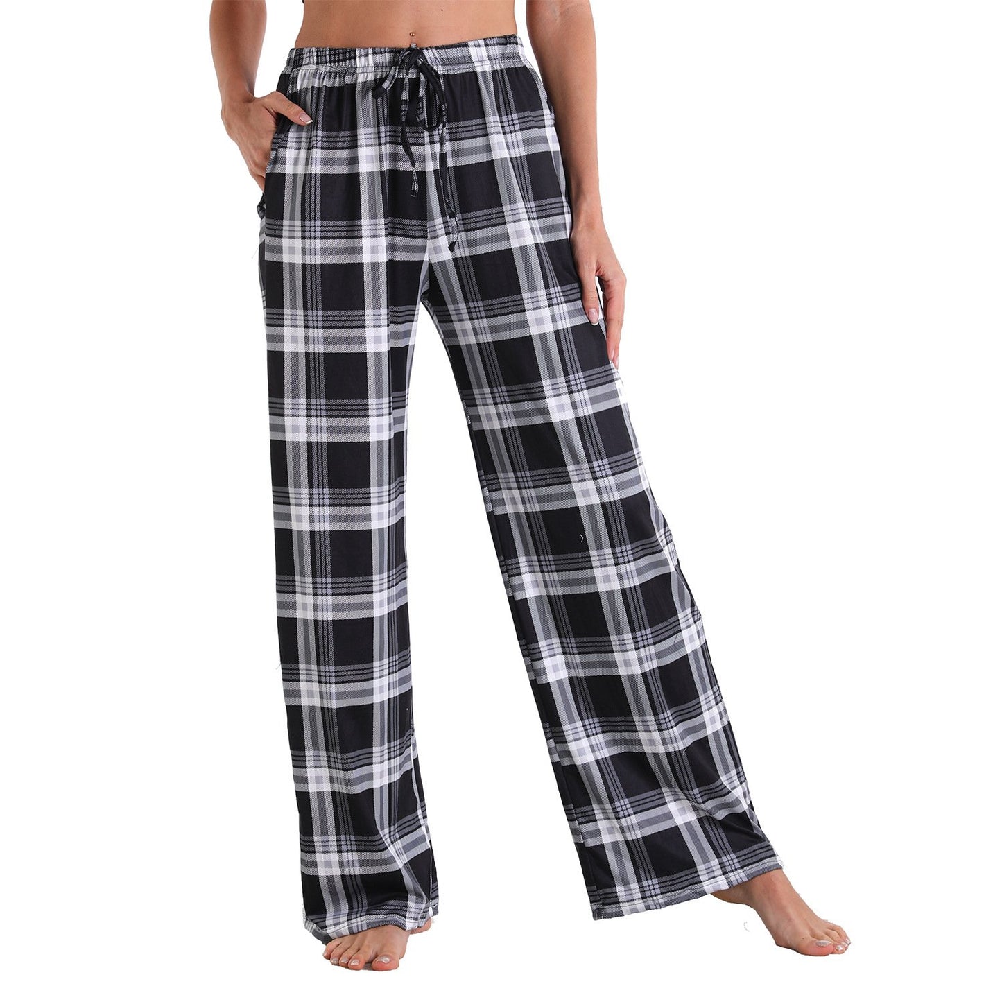 Causal Plaid Women Pajamas Pants Elastic Cord