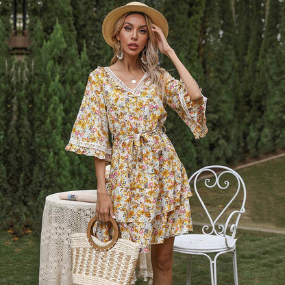 Summer Bell Sleeves Ruffled Short Dresses-STYLEGOING
