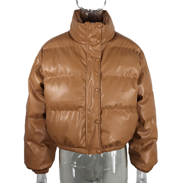 Fashion Casual Women PU Short Cotton Padded Overcoat