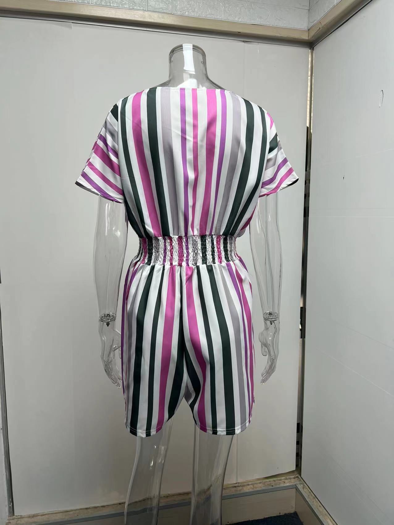 Summer Casual Striped Elastic Waist Romper Jumpsuits