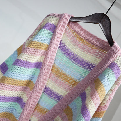Colorful Striped Women Knitted Cardigan Outerwear