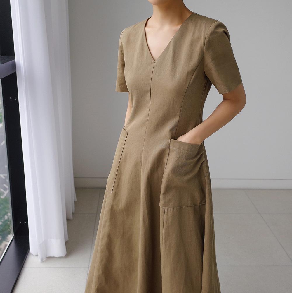 Women Short Sleeves Pocket V Neck Long Maxi Dresses-STYLEGOING