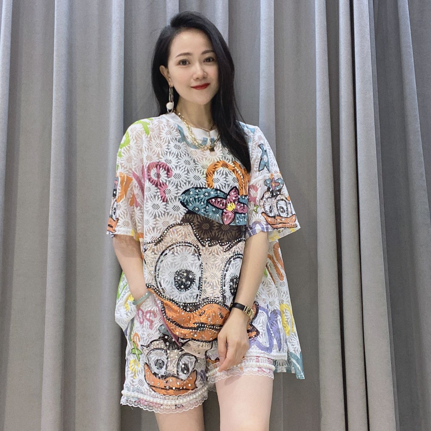 Summer Lovely Lace Casual Short Sleeves and Shorts Sets