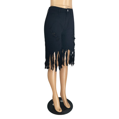 Casual Broken Holes Tassels Short Jeans