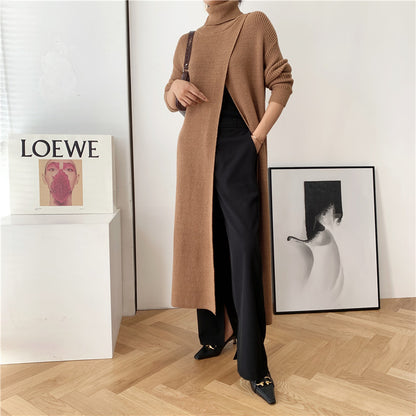 Designed High Neck Split Knitted Pullover Long Dresses