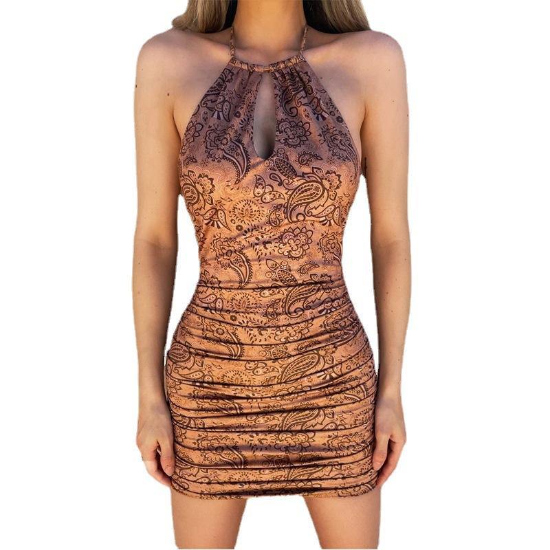 New Fashion Sexy Sleeveless Halter Print Mini Dresses-STYLEGOING