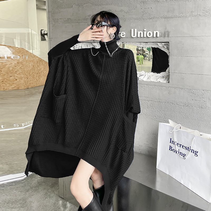 Women High Neck High Low Designed Knitted Long Cozy Dresses