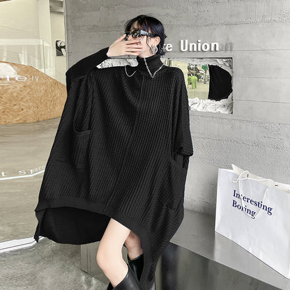 Women High Neck High Low Designed Knitted Long Cozy Dresses