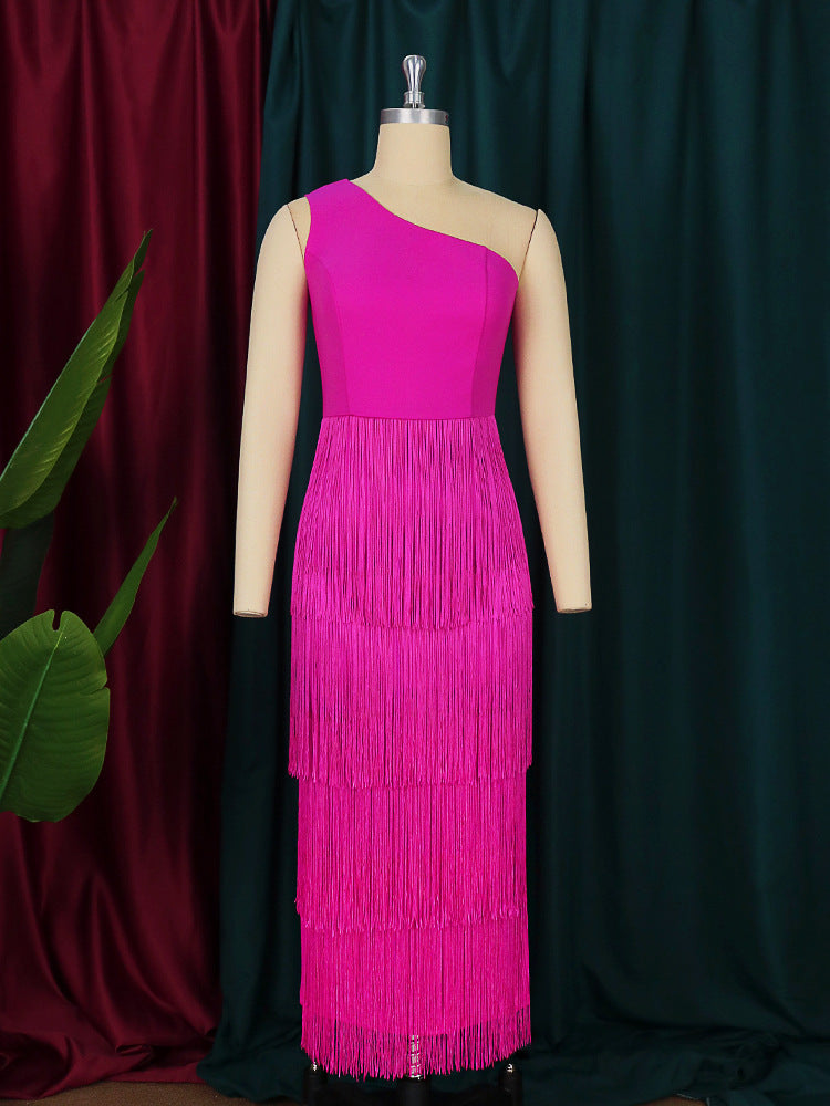 Sexy Summer Rose Red One Shoulder Tassles Party Dresses