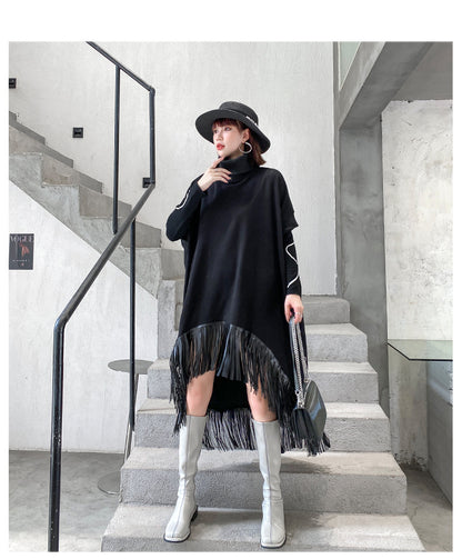Vintage Tassels Turtleneck Black Dresses for Women