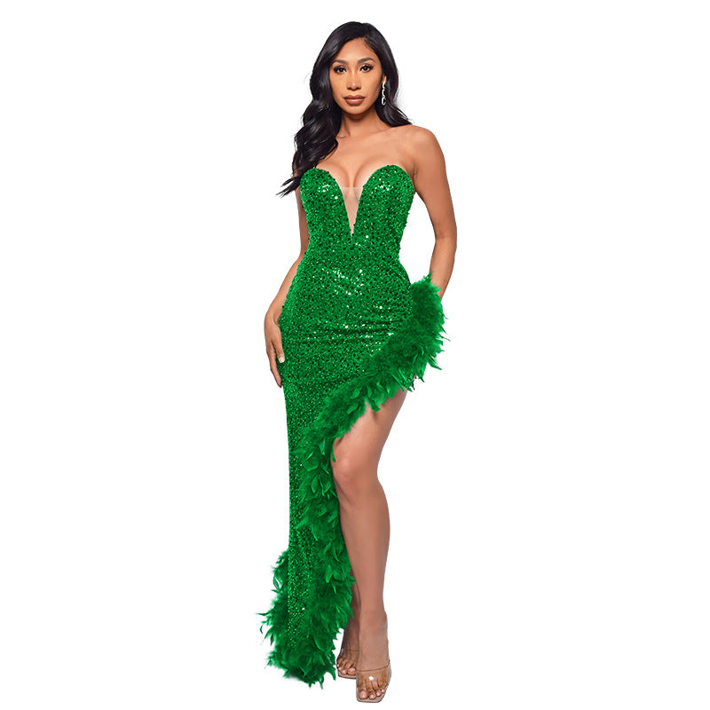 Gorgeous Strapless Sequined Feather Decoration Party Dresses