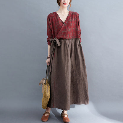 Vintage V Neck Flower Designed Slim Waist Long Maxi Dresses