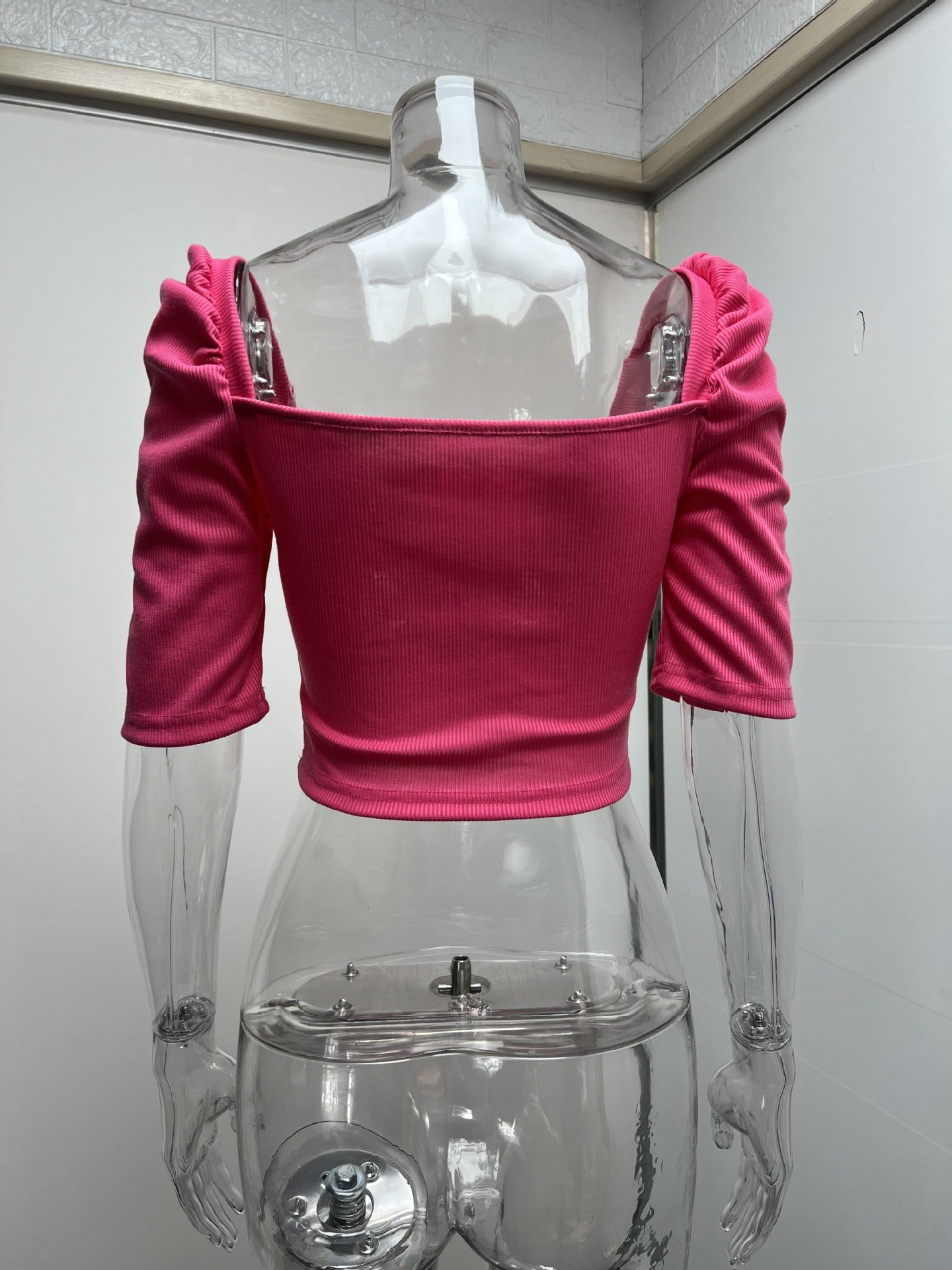 Sexy Square Neckline Short Sleeves Midriff Baring Tops