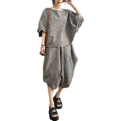 Linen Striped Plus Sizes 2pcs Women Summer Outfits