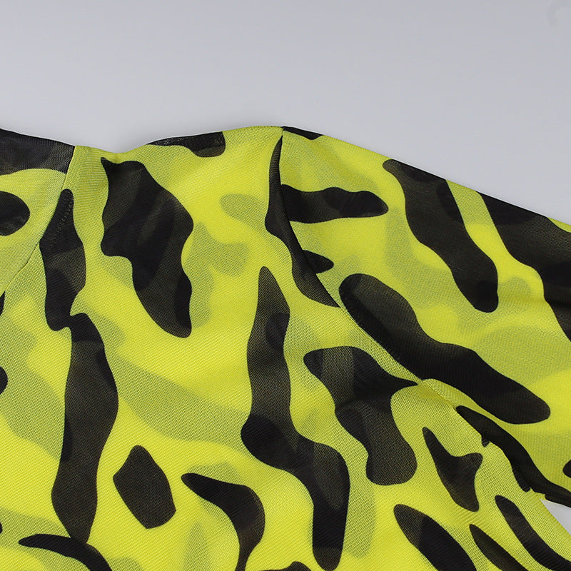 Sexy High Neck Yellow Leopard Long Sleeves Women Dresses