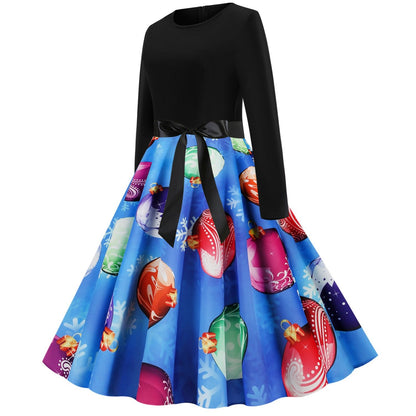 Women Christmas Round Neck Vintage Long Sleeves Dresses-STYLEGOING