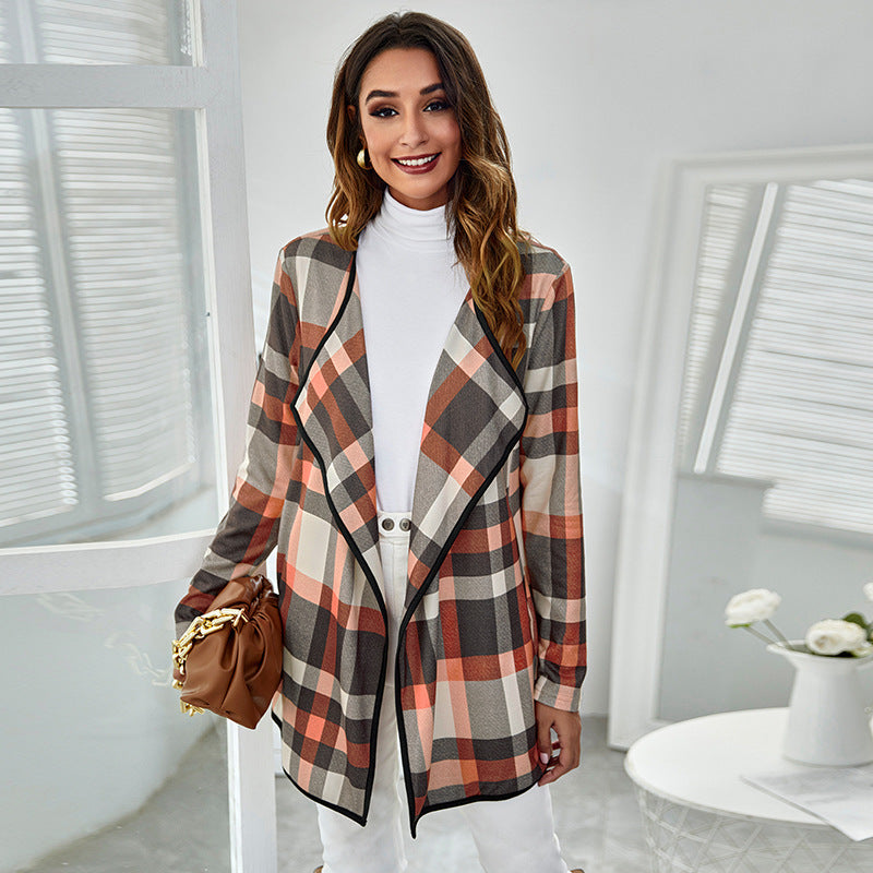 Casual Pocket Design Plaid Women Coats