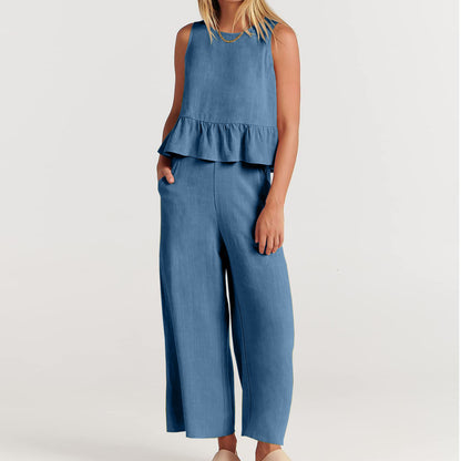 Summer Sleeveless Linen Two Pieces Women Suits