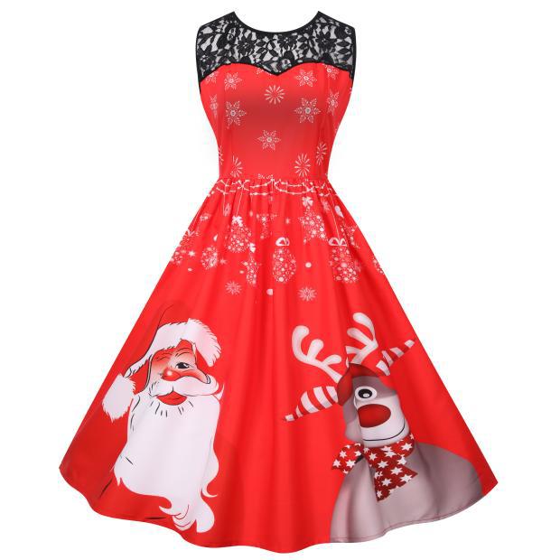 Merry Christmas Fashion Women Lace Sleeves Dresses
